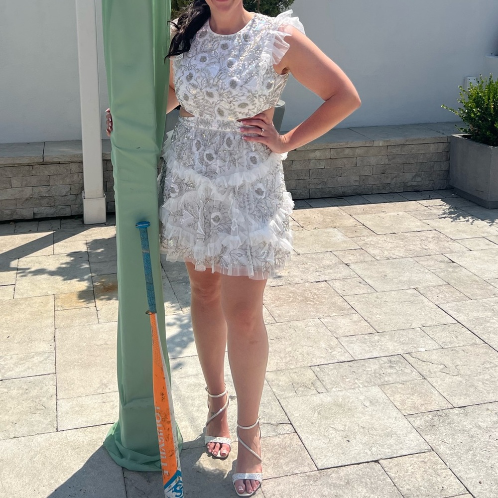 Mac Duggal embellished jewel ruffle mini dress size 8